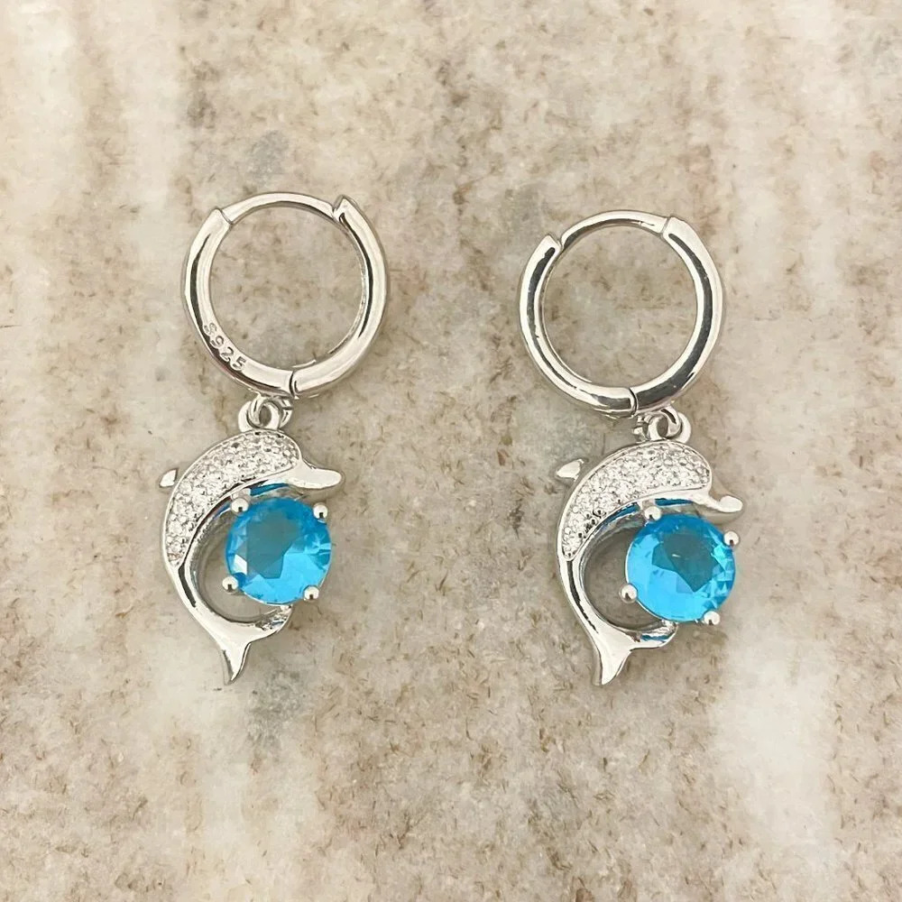 925 Sterling Silver Dolphin Earrings CZ Aquamarine Stone Dolphin Hoop Earrings - Picture 2 of 5